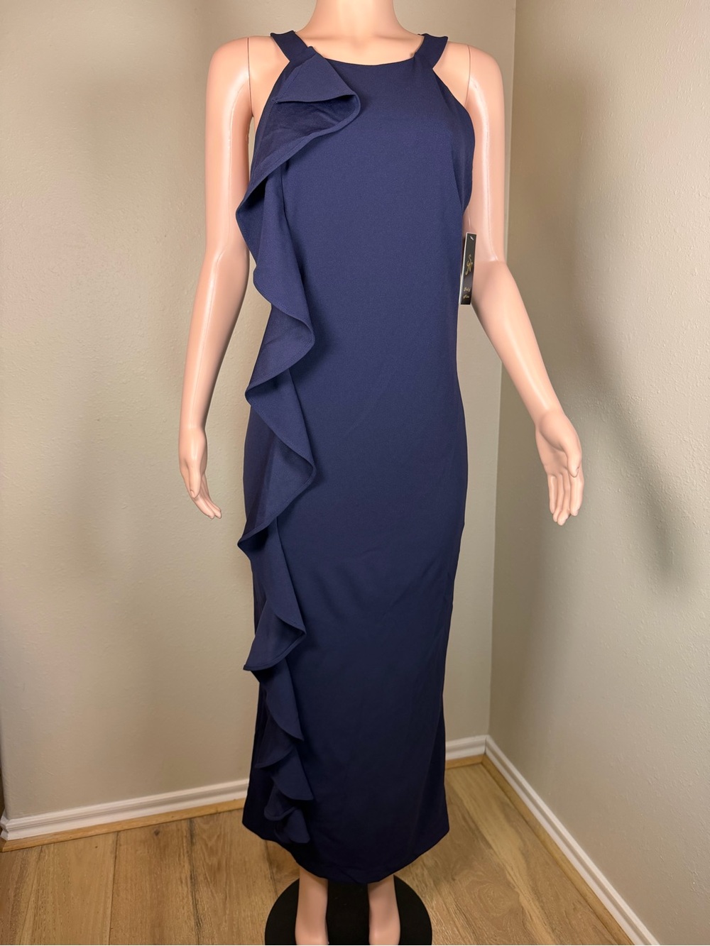 Sleeveless Navy Maxi Dress with Side Ruffle
